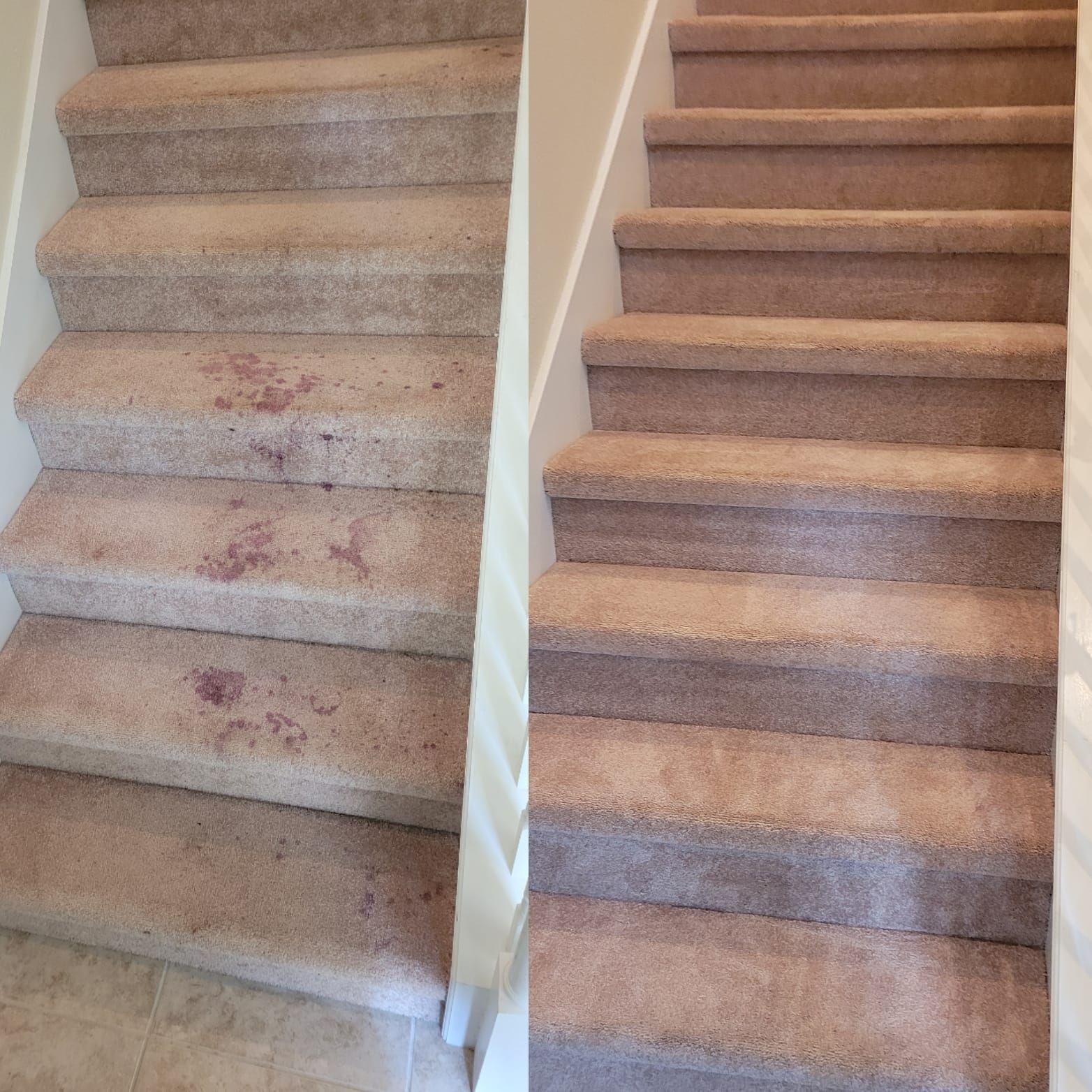 Before and after photo of carpeted stairs; the after shows cleaned stairs with no stains.