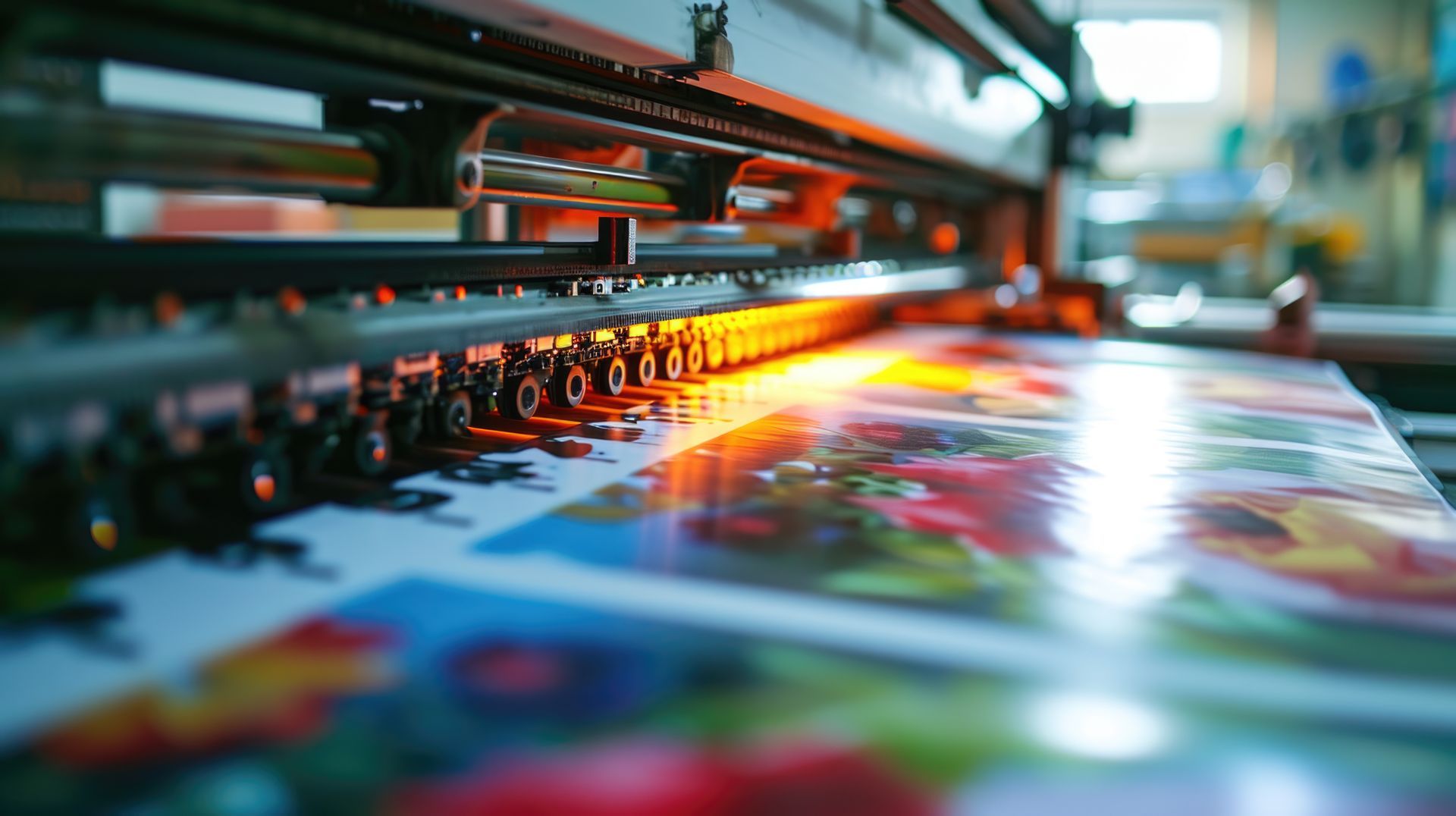 High-speed digital printing service machine producing vibrant full-color posters in a factory.