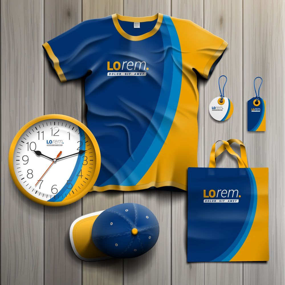 Branded promotional items including a shirt, clock, cap, tags, and tote bag. Branded promotional items including a shirt, clock, cap, tags, and tote bag.