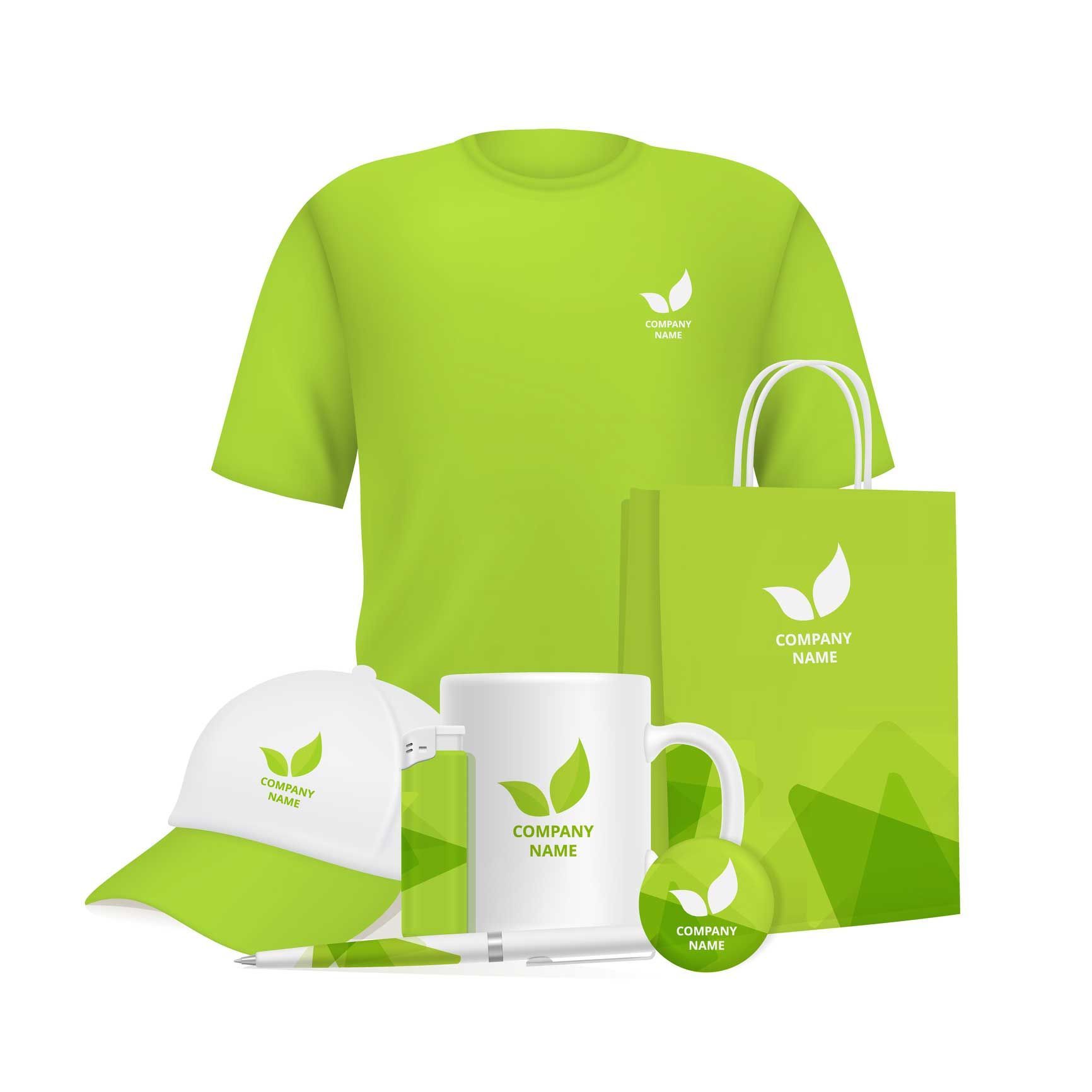 Green promotional items including t-shirt, cap, mug, bag, and pen with company logo.