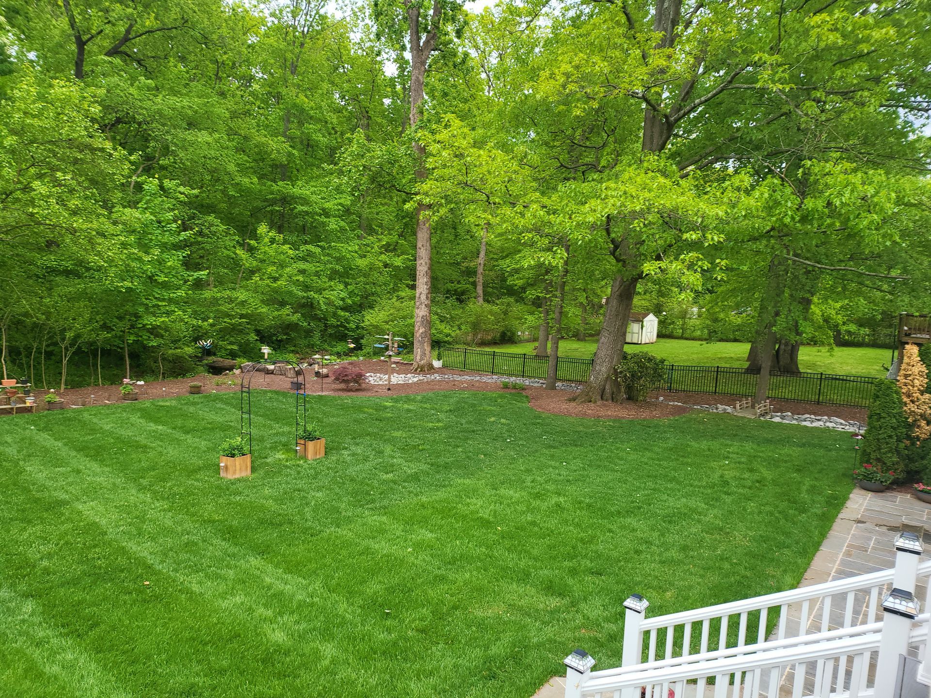 A lush green lawn with trees in the background and a white railing.