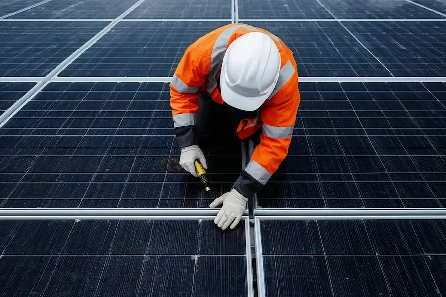 Person in orange workwear, wearing a white hardhat and gloves, working on solar panels.