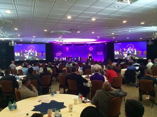 large corporate event with purple lighting