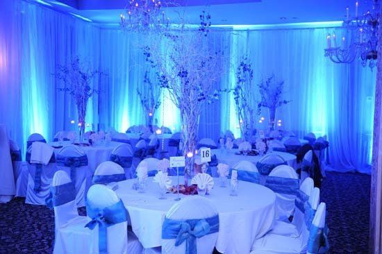 white and blue wedding decor