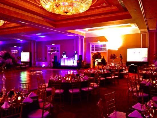 large ballroom decorated for a party
