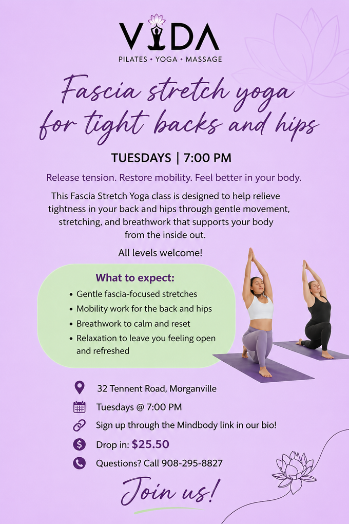 Purple yoga class flyer for fascia stretch yoga for backs and hips, Tuesdays at 7:00 PM, with two stretching figures