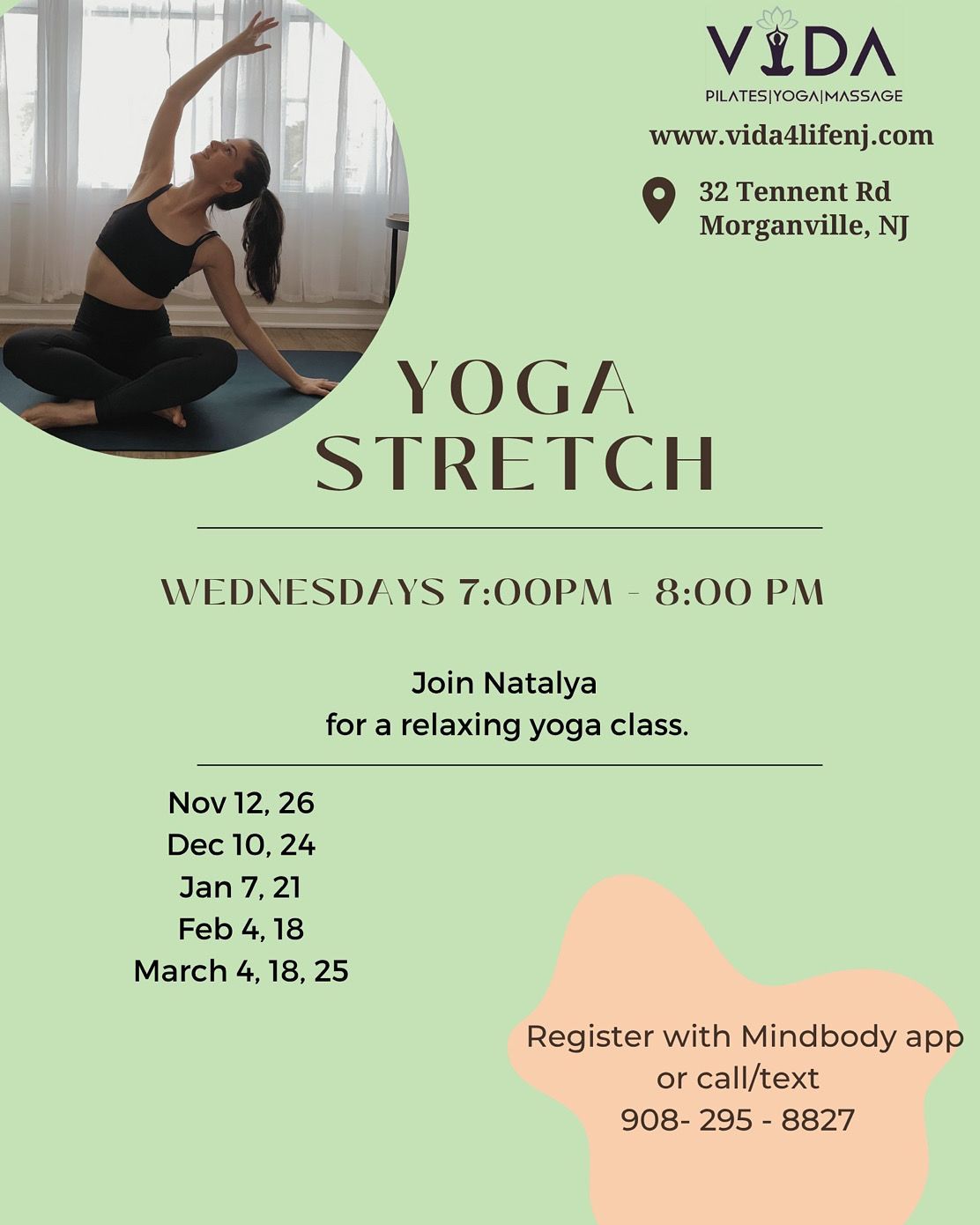 Yoga class advertisement with a woman doing a stretch. Wednesdays 7-8 PM, registration via Mindbody app or call.