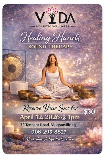Poster for Restorative Yoga & Sound Healing with Kelsey at Vida in Morganville, NJ. Features a hand striking a singing bowl.