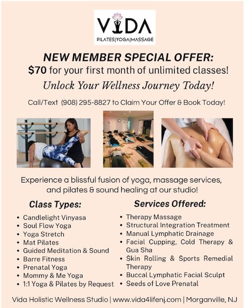 Flyer: Vida Pilates & Yoga Studio. Offers $70/month unlimited classes. Services: massage, lymphatic drainage, therapy.