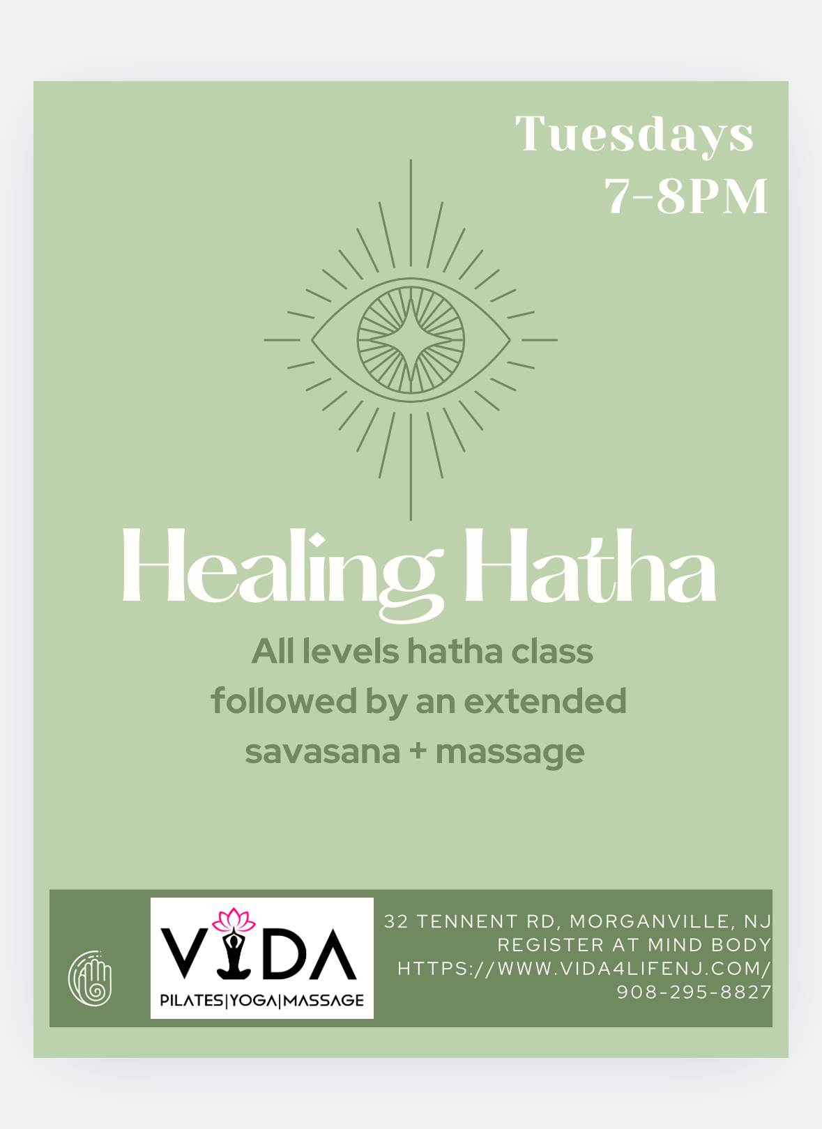 Advertisement for a healing Hatha yoga class led by Julia Anne, every Tuesday 6:30-7:30 PM. Includes extended savasana massage. Advertisement for a healing Hatha yoga class led by Julia Anne, every Tuesday 6:30-7:30 PM. Includes extended savasana massage.