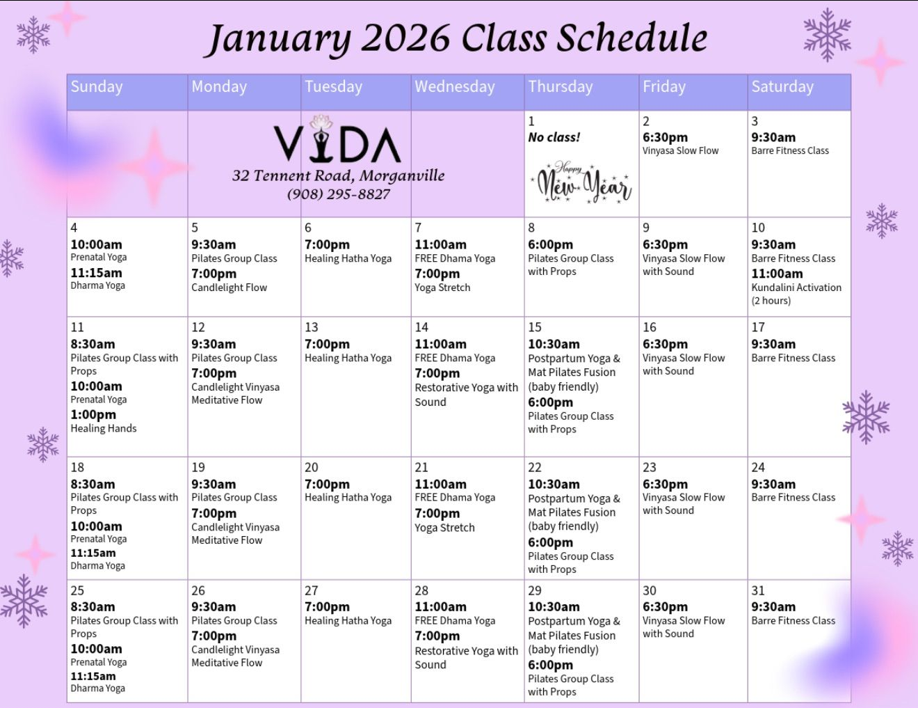 January 2024 Vida class schedule, in a purple calendar format. Includes class times, dates, and names. January 2024 Vida class schedule, in a purple calendar format. Includes class times, dates, and names.