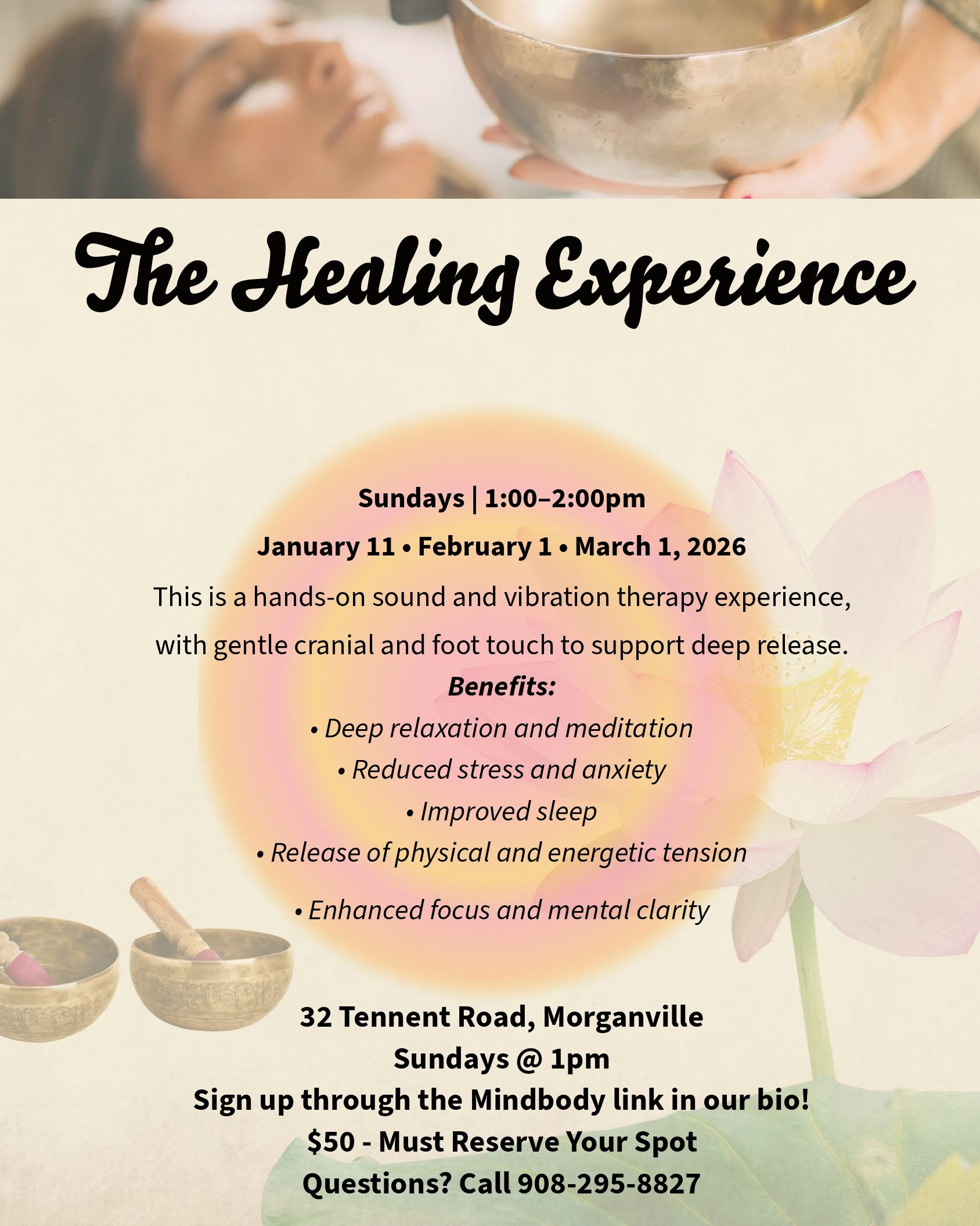 Flyer for a healing experience. Includes details for location, time, and signup information.