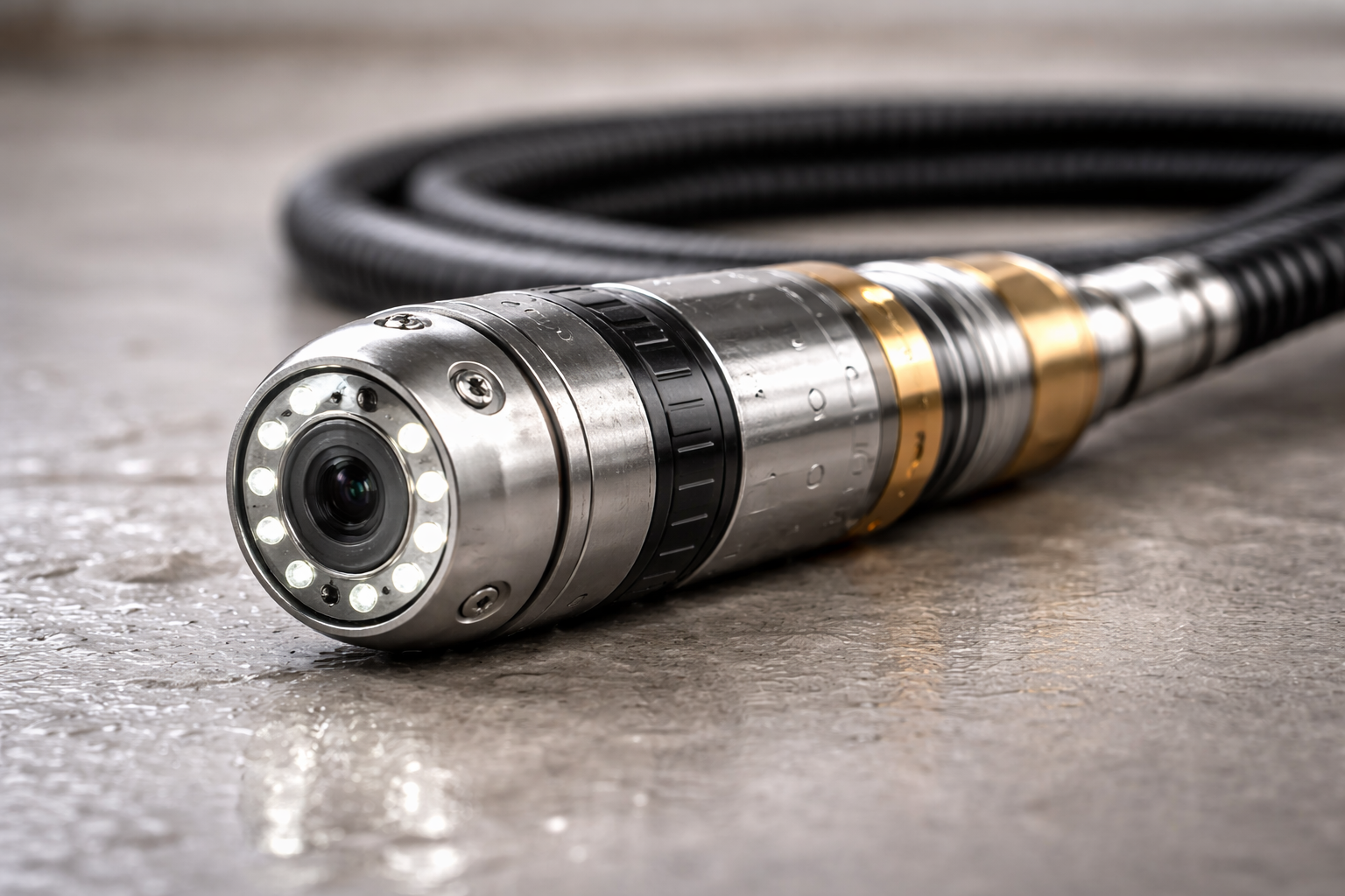 Plumber using drain cleaning equipment outdoors near a home.