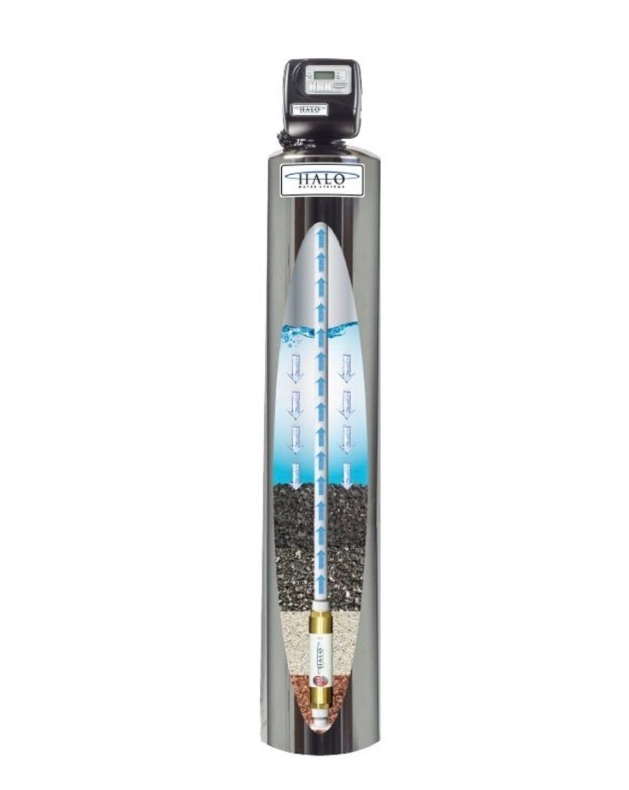 Cutaway diagram of a water filter, showing layers of filtration media and water flow inside a metal tank.