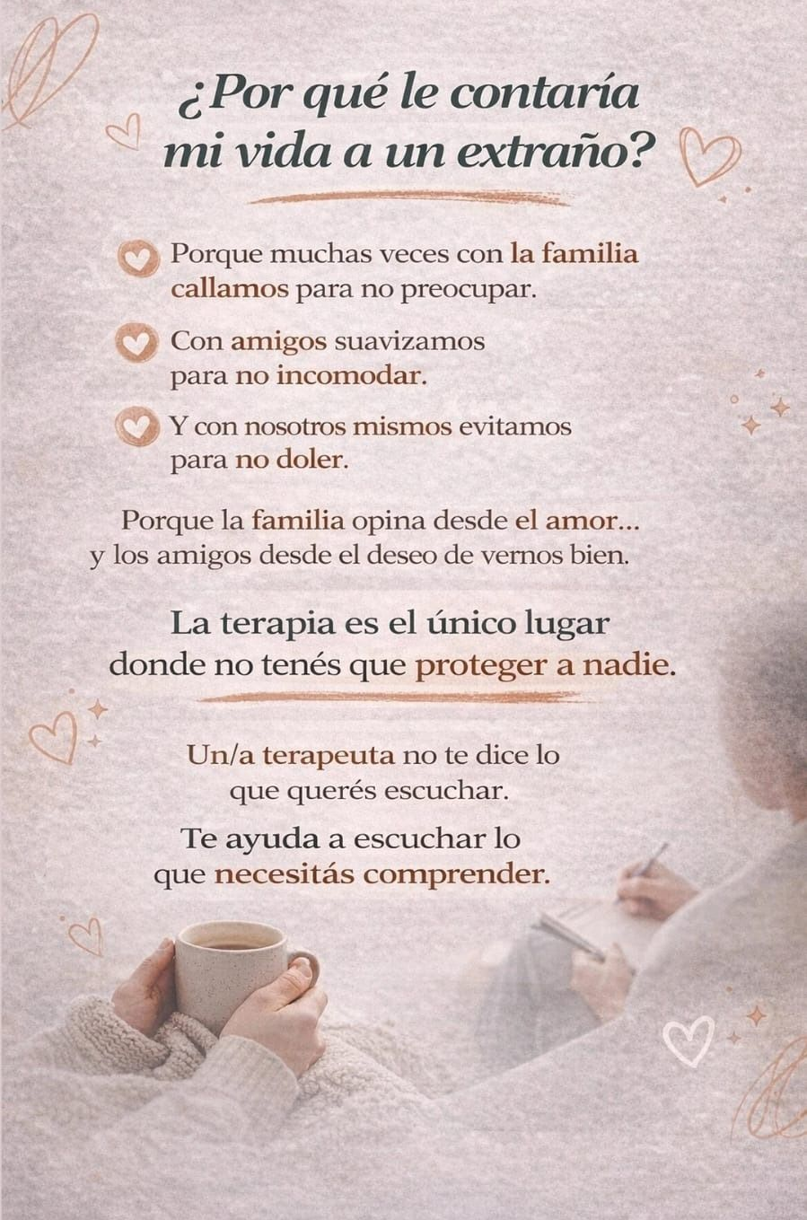 Texto que explica los beneficios de la terapia, superpuesto sobre un fondo suave y cálido