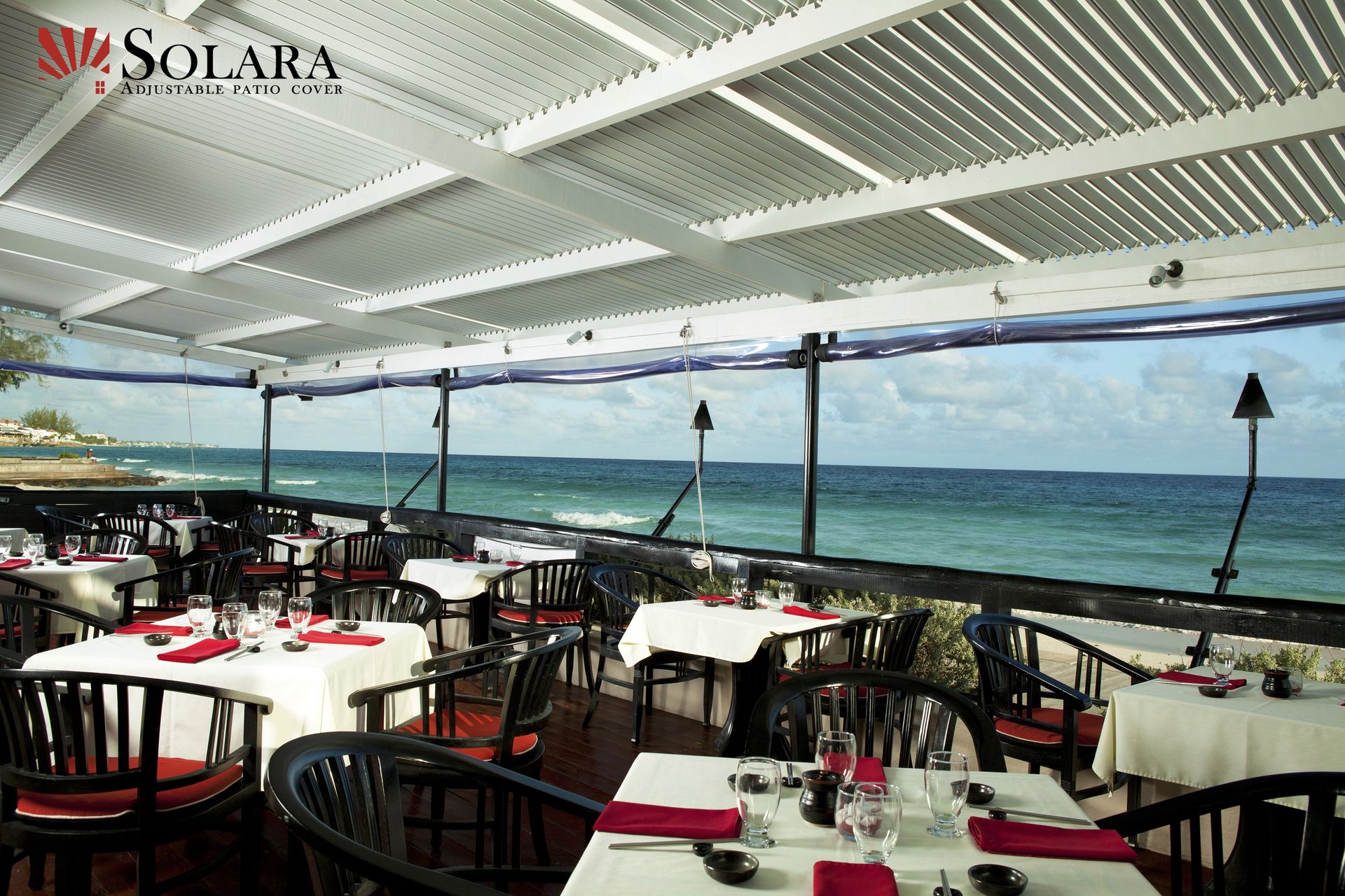 Solara Louvered Patio Cover Over Restaurant Dining Area
