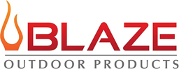 The logo for blaze outdoor products has a flame on it.
