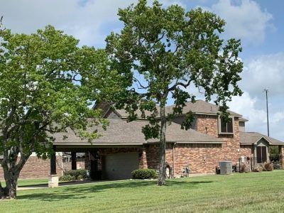 A brick house with a tree in front of it