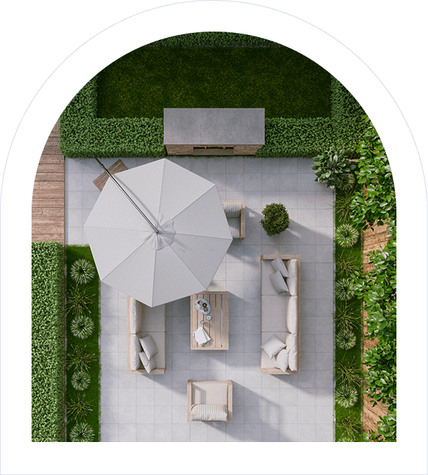 An aerial view of a patio with furniture and an umbrella
