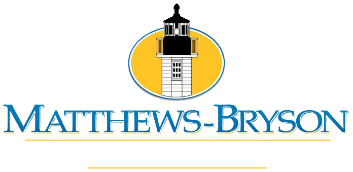 Logo for Matthews-Bryson featuring a black and white lighthouse icon on a yellow oval background above the blue company name.