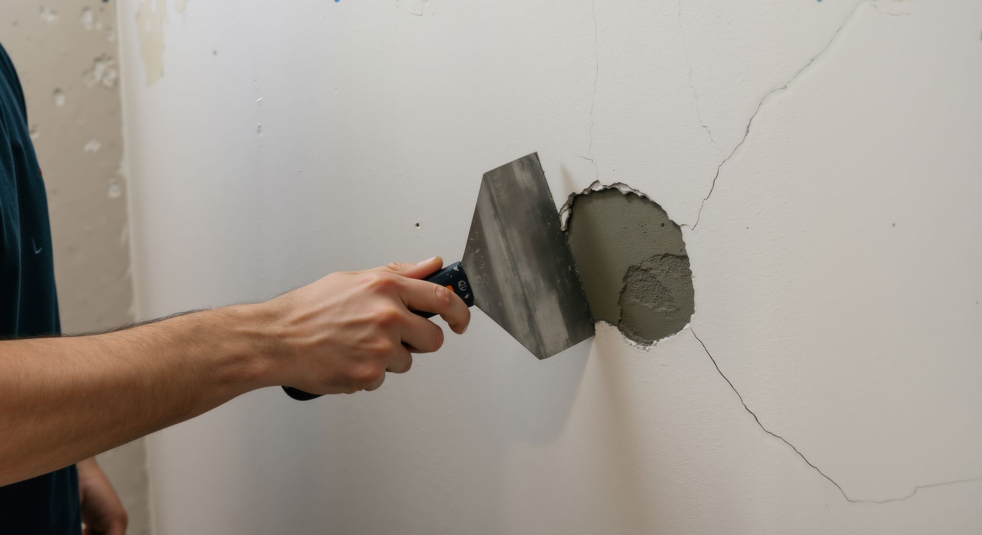 Person using a trowel to apply gray plaster to a crack in a white wall. Person using a trowel to apply gray plaster to a crack in a white wall.