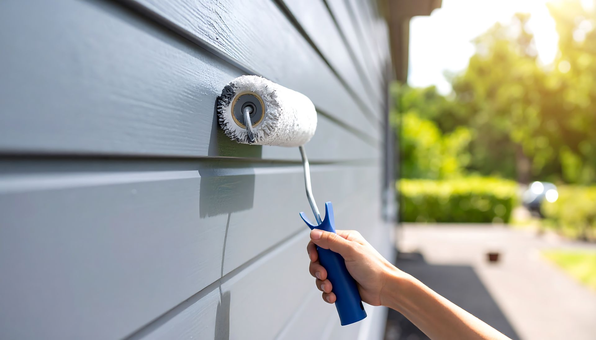 Hand painting gray siding with a paint roller outdoors, sunny day. Hand painting gray siding with a paint roller outdoors, sunny day.