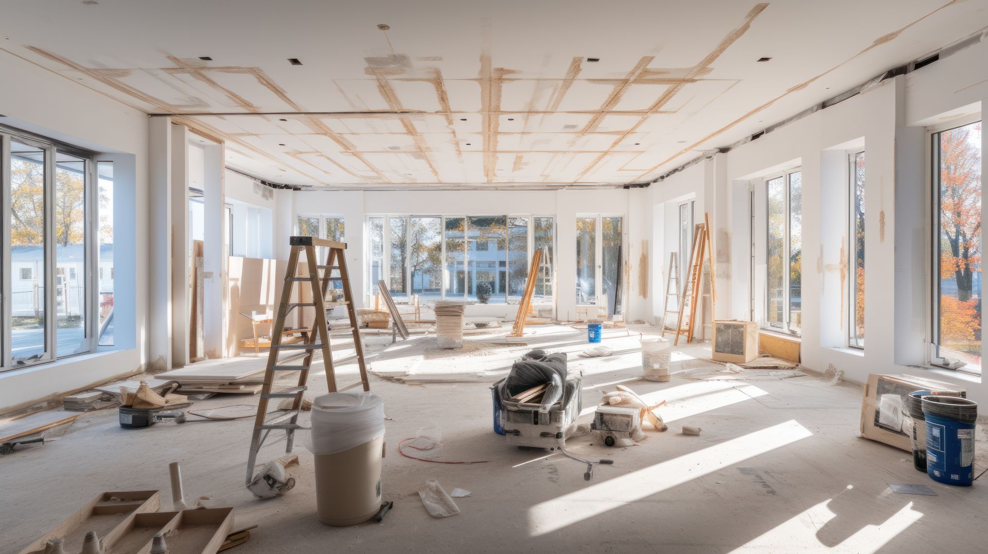 Interior under construction: room with large windows, ladders, debris, exposed ceiling beams, and construction materials.