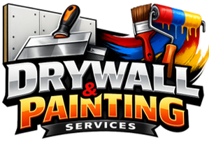 Logo for drywall and painting services, with tools and colorful paint streaks.