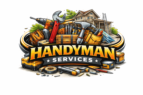 Handyman services logo with tools, a house, and text on a circular design.