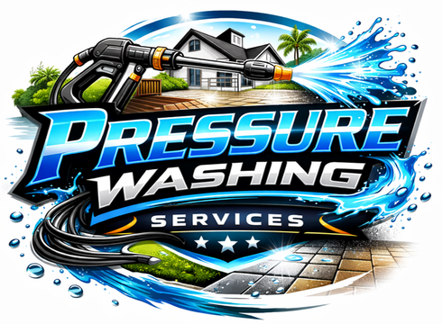 Pressure washing logo with a high-pressure washer spraying water on a house and patio. Blue, black, and orange.