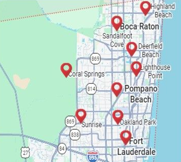 Map of Broward County, Florida, with red markers indicating locations in cities like Fort Lauderdale, Boca Raton, and Pompano Beach.