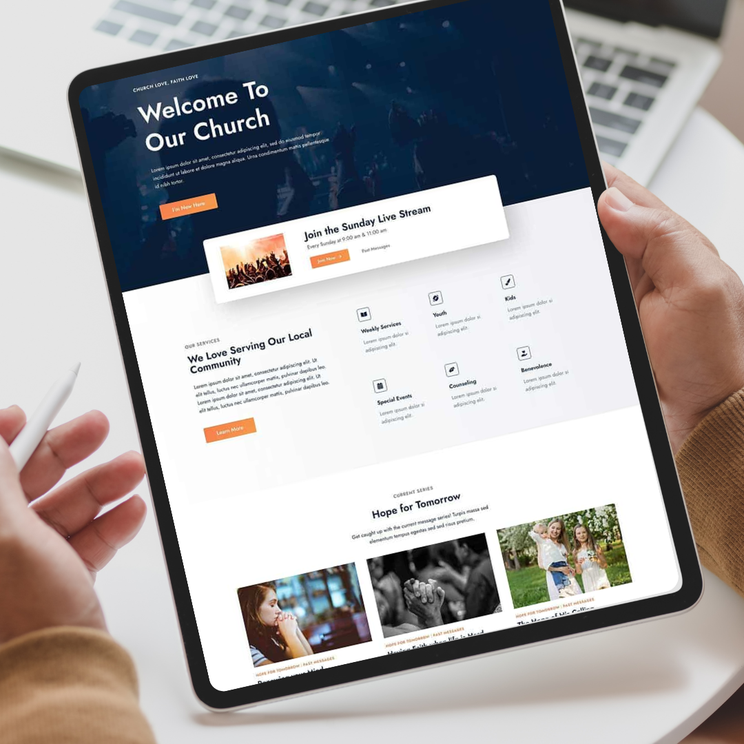 A person is holding a tablet with a welcome to our church website on it.