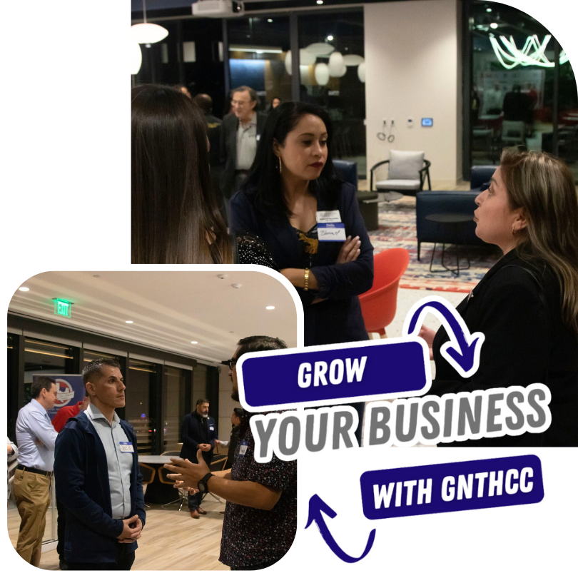 A group of people are gathered in a room with a sign that says grow your business with gnthcc