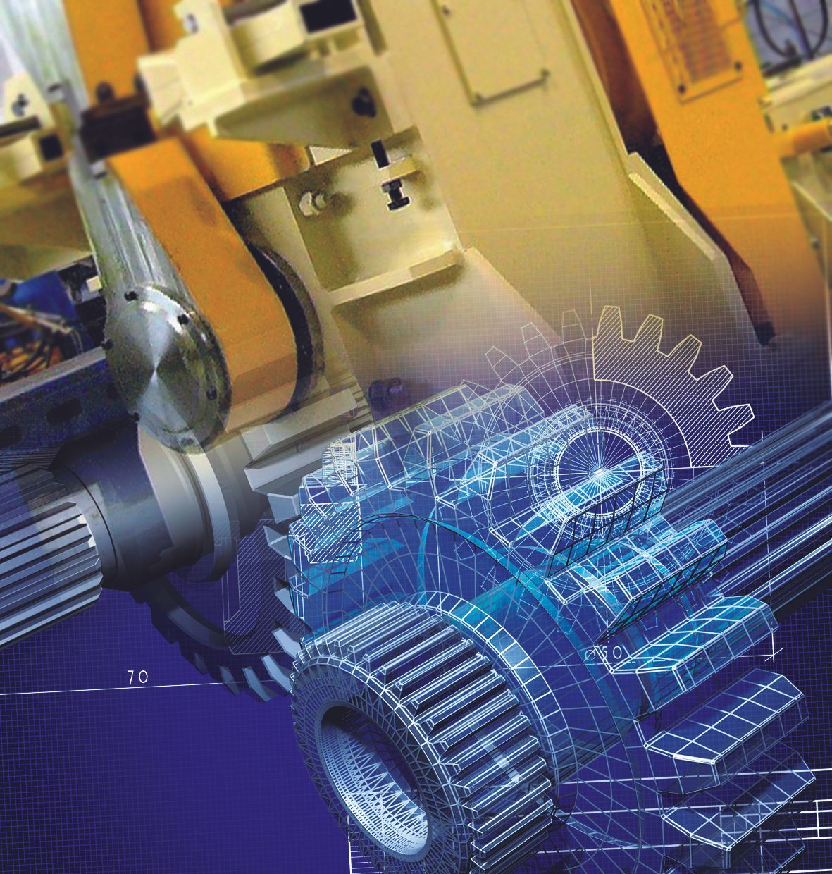 Macchina in condizioni di fabbrica, con sovrapposizione di ingranaggi wireframe blu; ingranaggi che si ingranano.