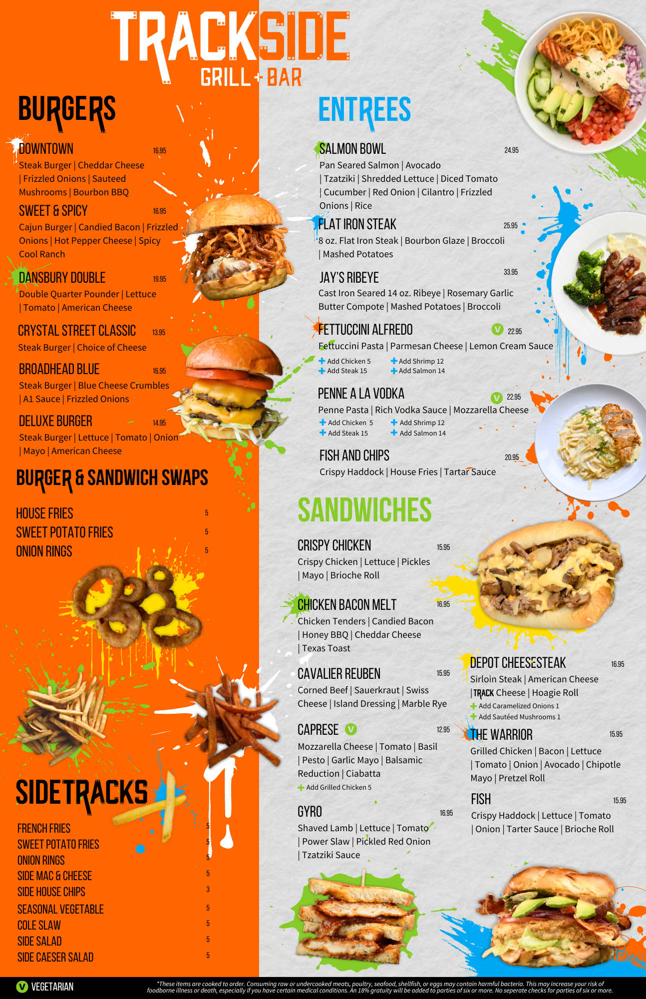 A menu for a restaurant called trackside grill bar