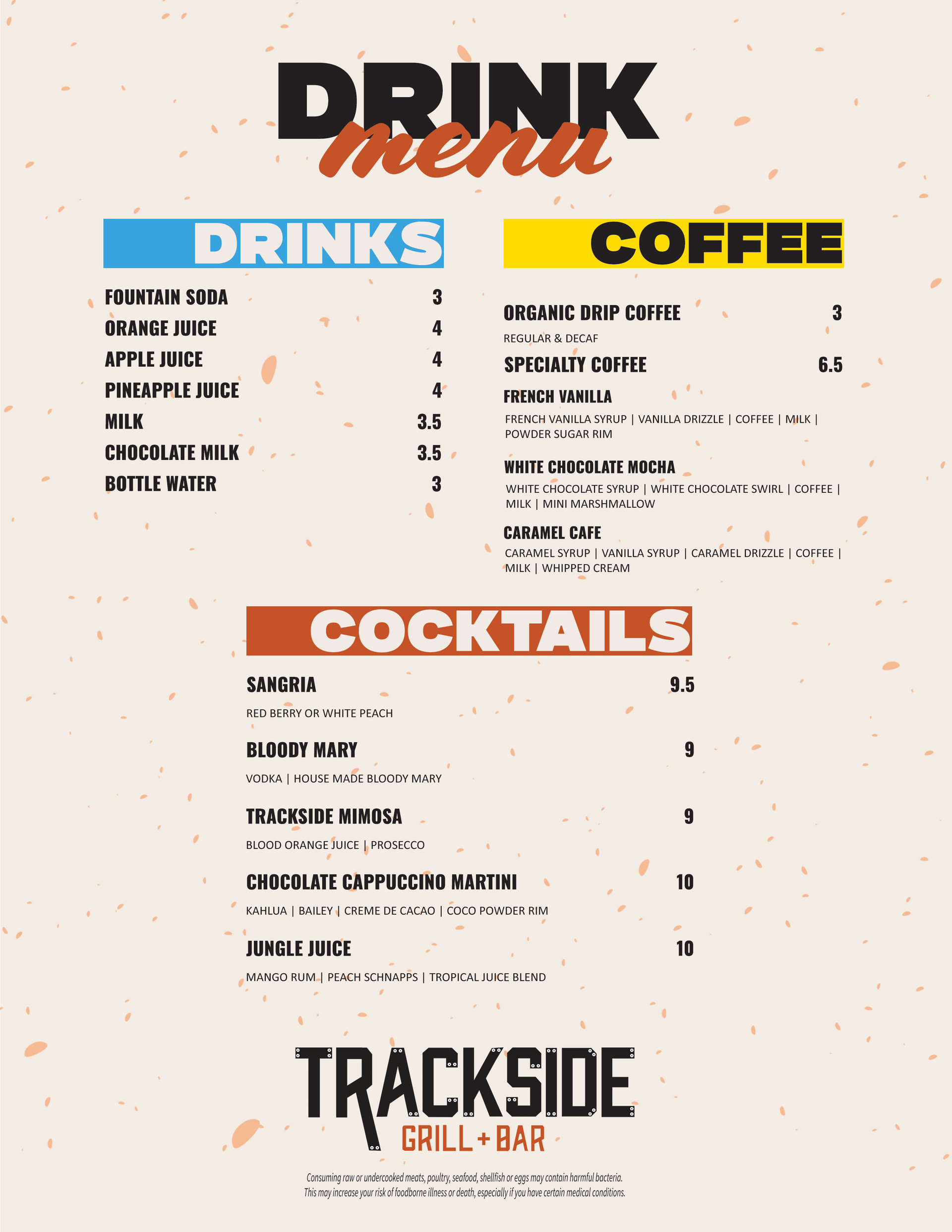 A menu for a restaurant with drinks , coffee , and cocktails.