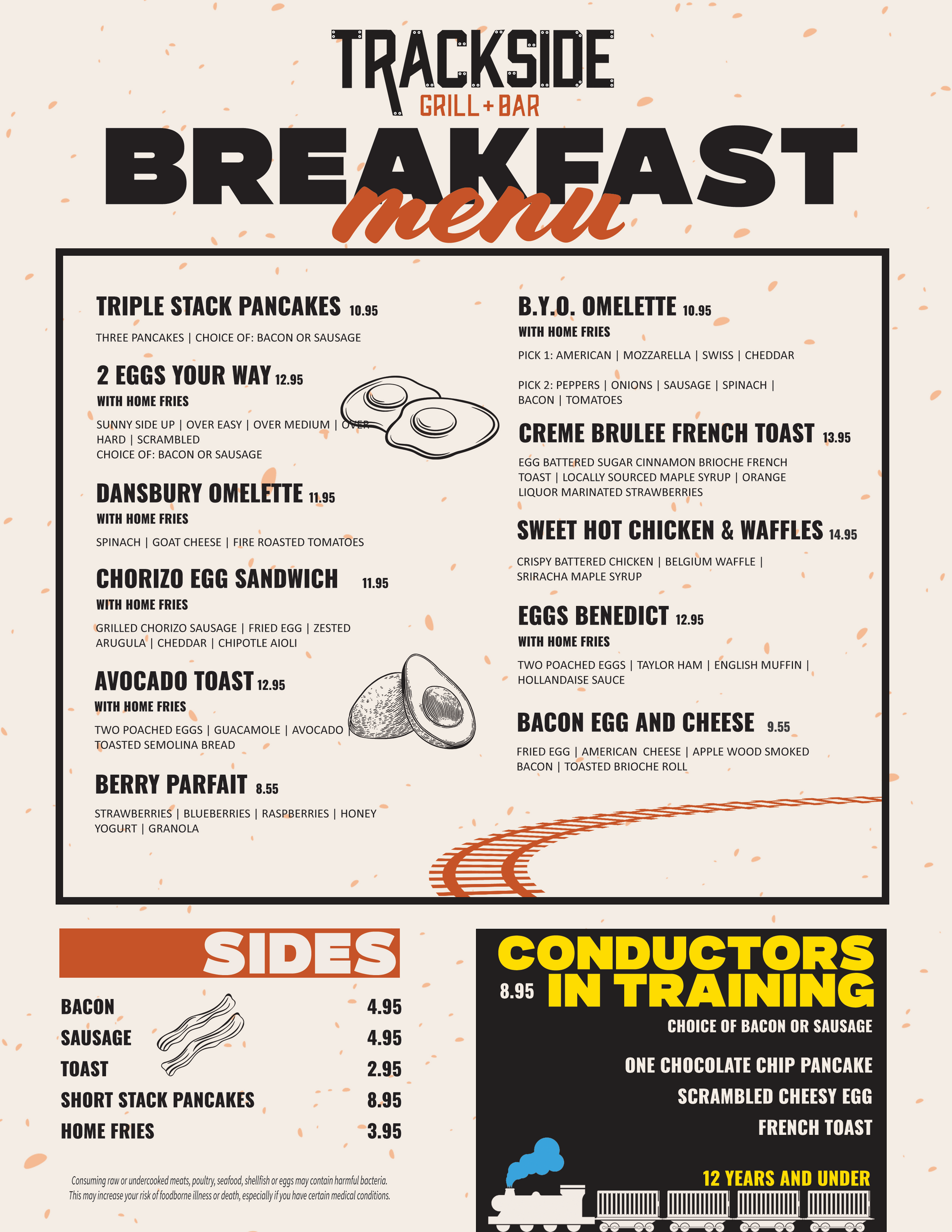 A menu for a restaurant called trackside breakfast menu.