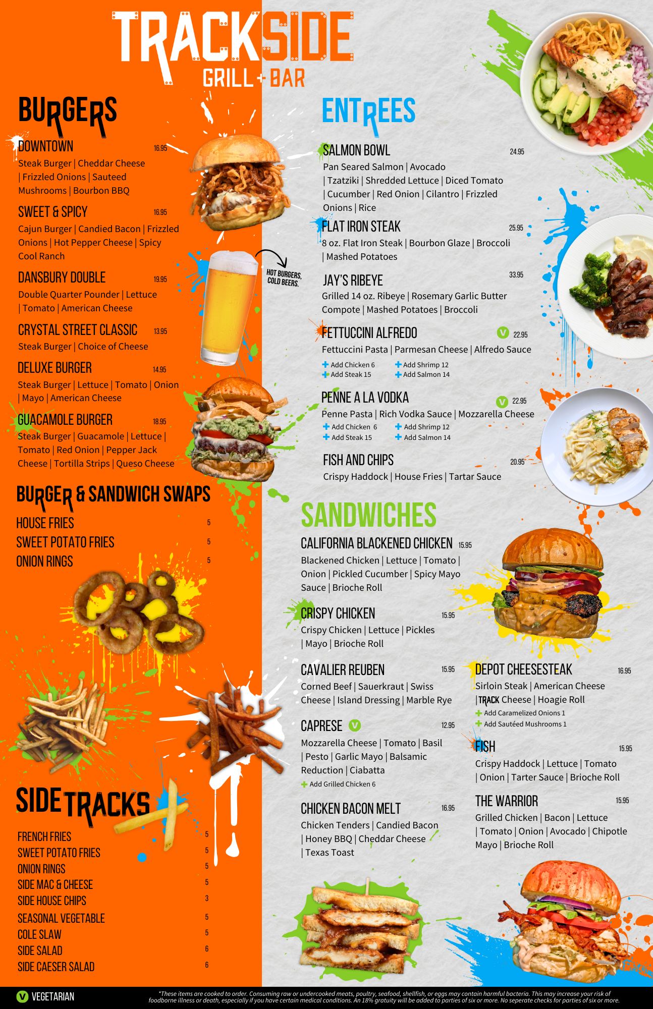 A menu for a restaurant called trackside grill bar