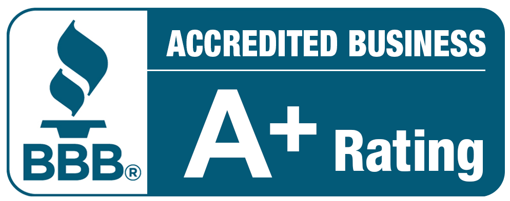 BBB A+ rating badge. Contains a blue torch symbol and the words 