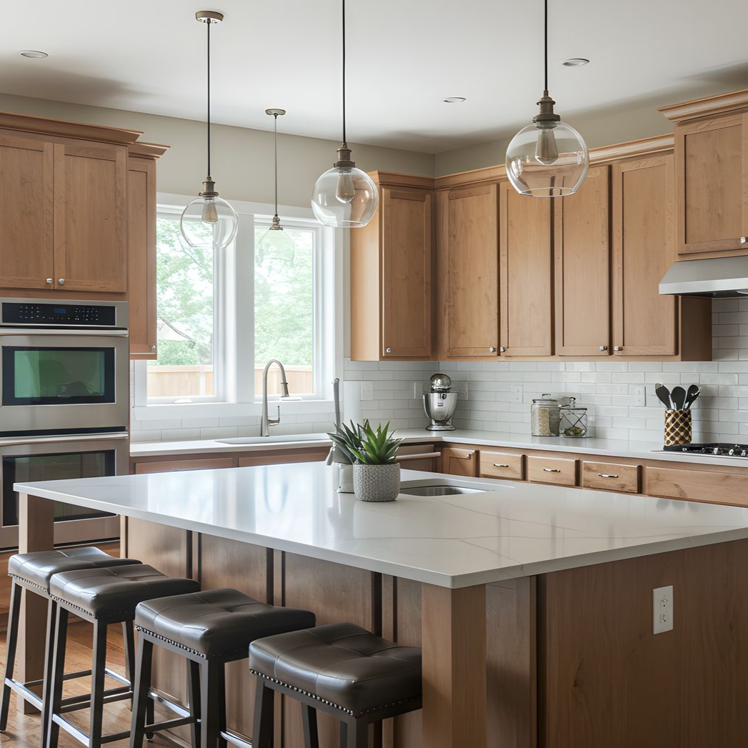 Kitchen with light wood cabinets, white countertops, island with stools, and pendant lights.