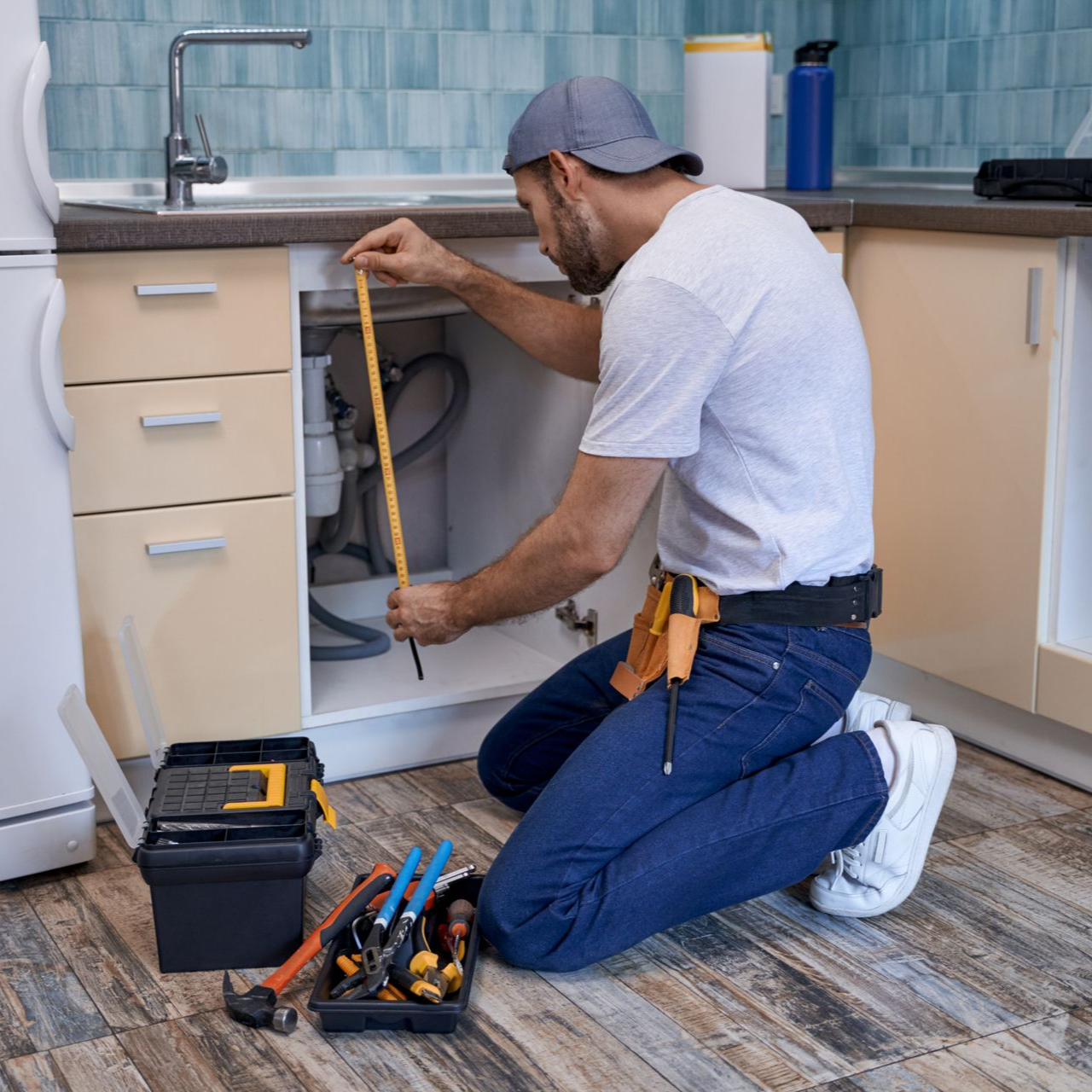 Plumber measuring under a kitchen sink. He kneels on the floor, tool belt around his waist. Plumber measuring under a kitchen sink. He kneels on the floor, tool belt around his waist.