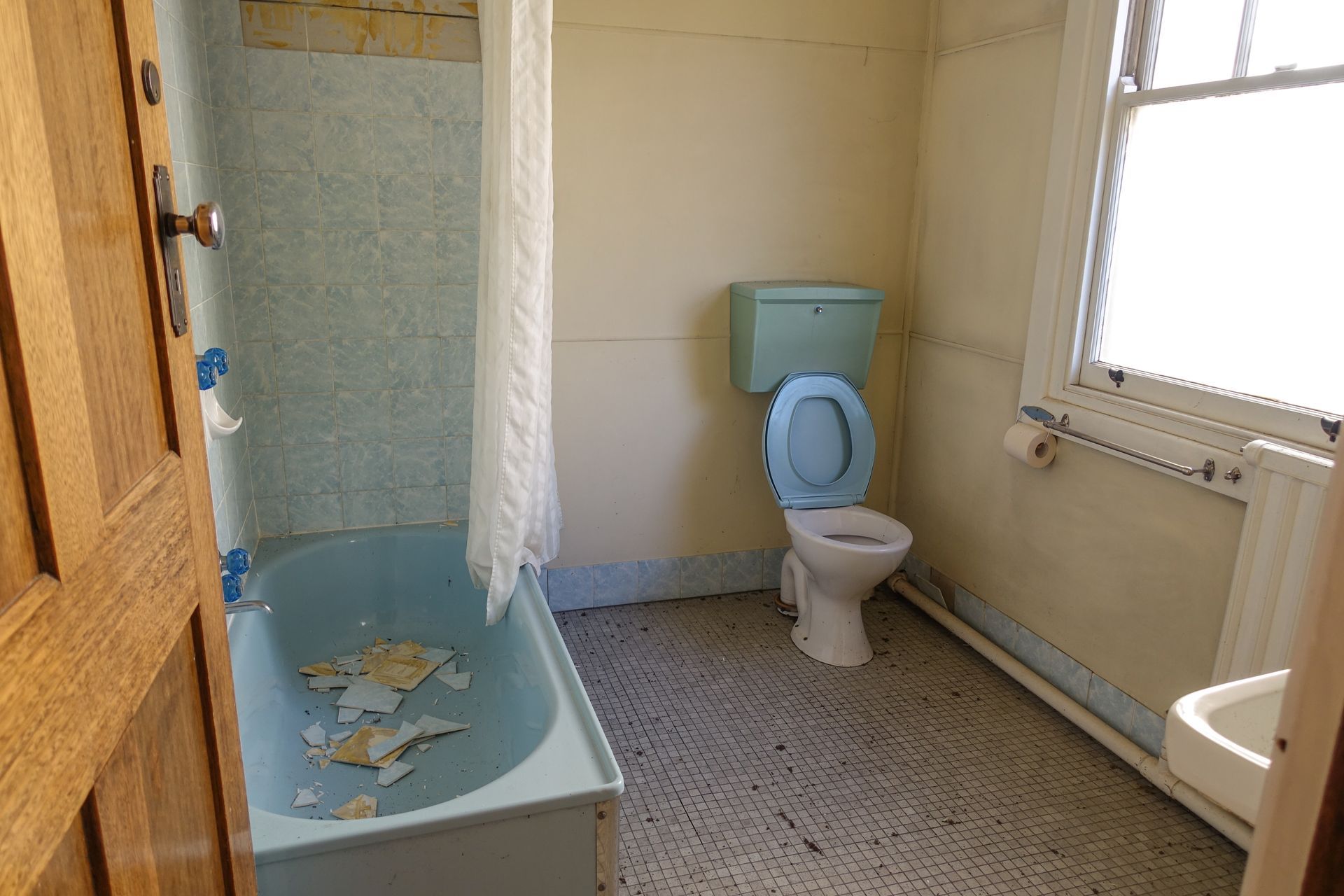 Bathroom with blue bathtub, toilet, and walls.  A window is on the right.  A wooden door is on the left.
