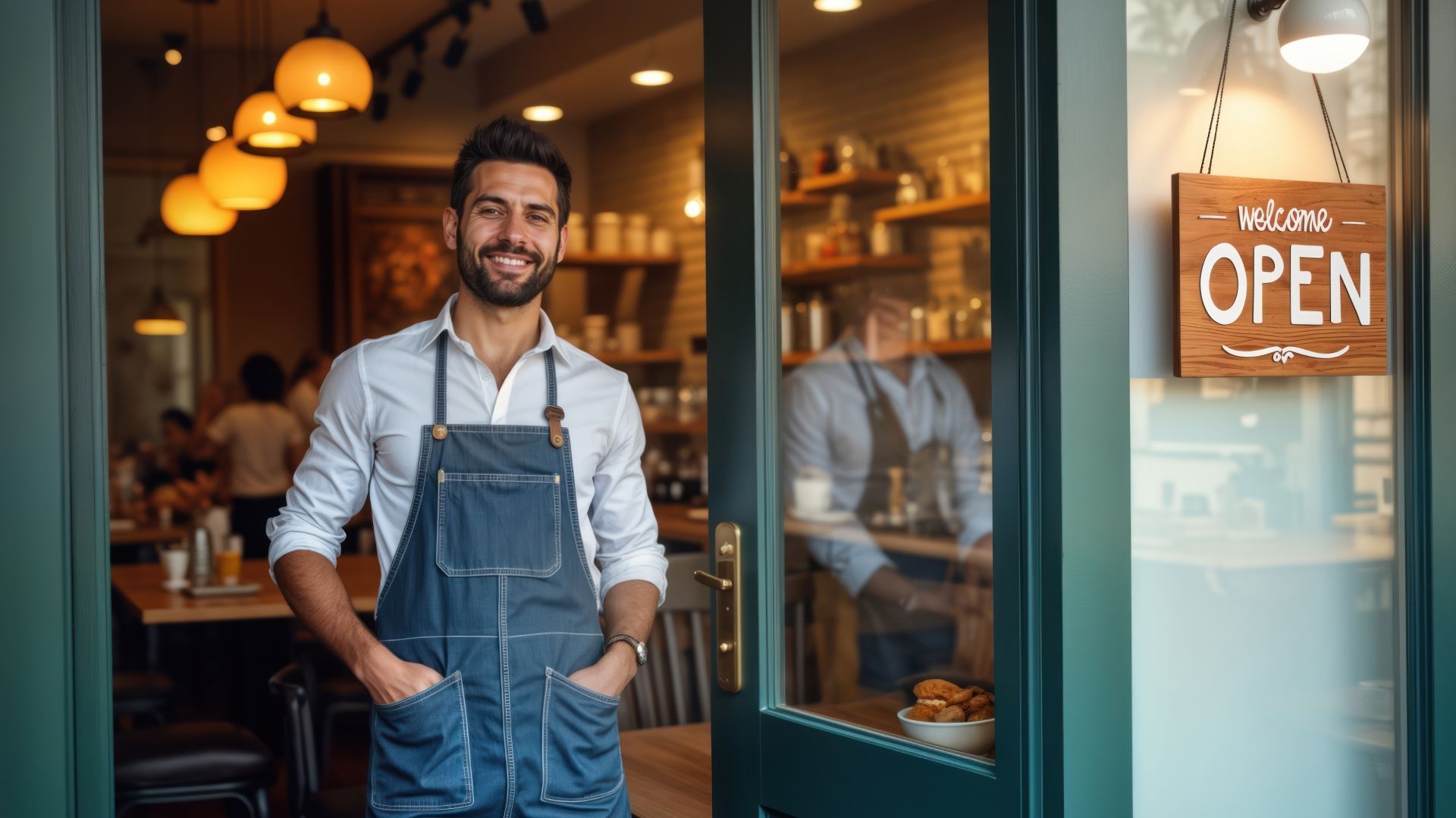 Smiling restaurant owner standing proudly in front of their restaurant, symbolizing business success.