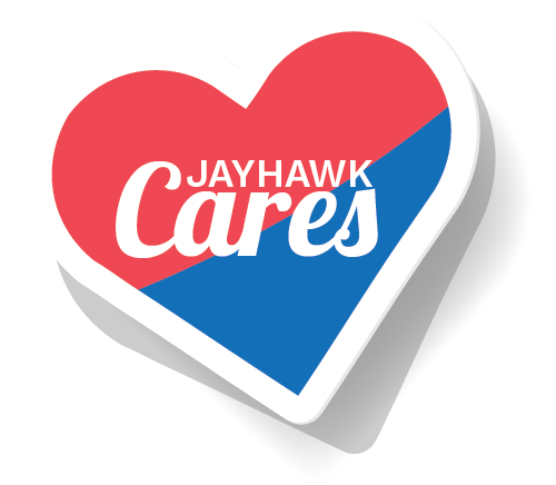 jayhawk cares logo in the shape of a heart