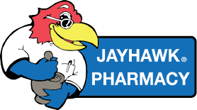 a logo for jayhawk pharmacy with a cartoon bird