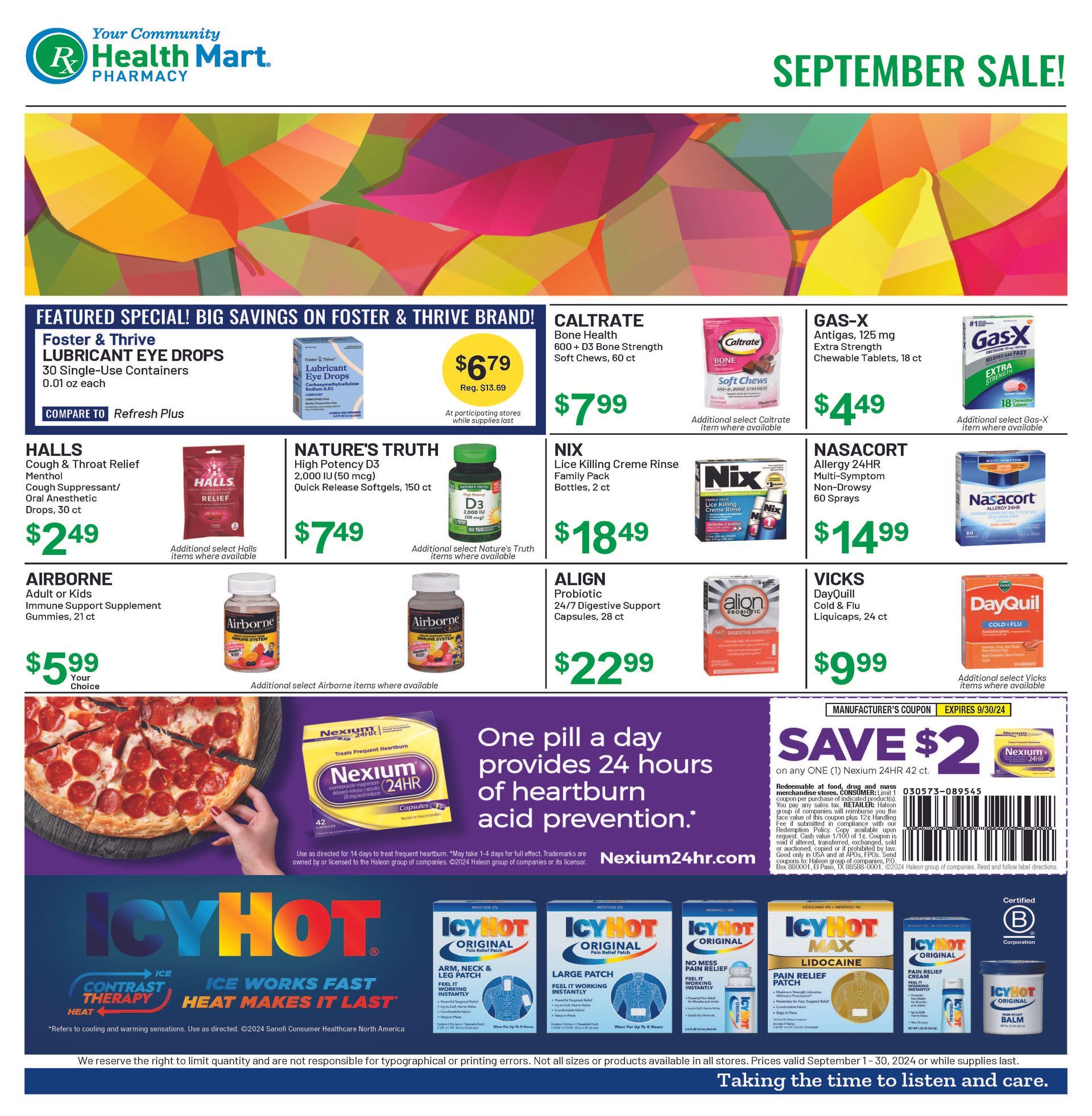 Over-the-counter sale items and coupon at Jayhawk Pharmacy, Lawrence, Kansas