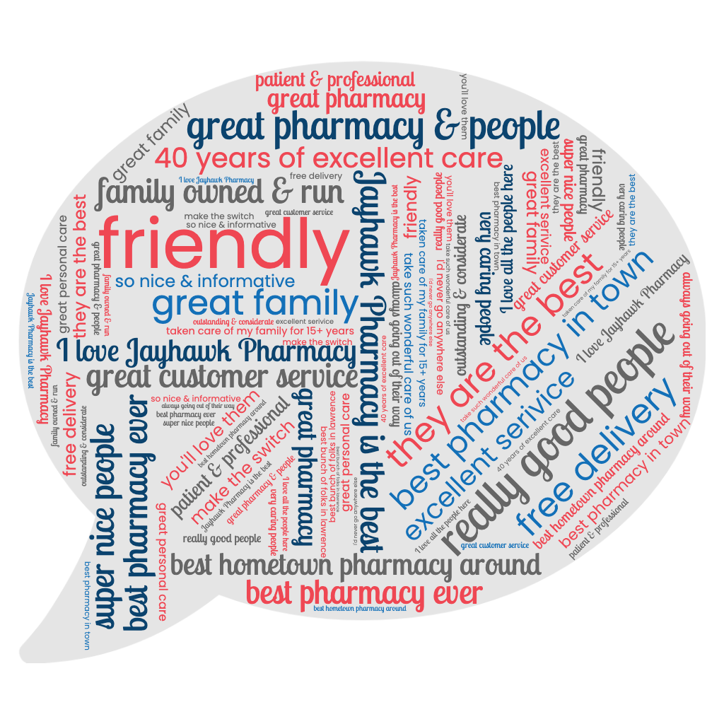 A speech bubble that says great pharmacy and people