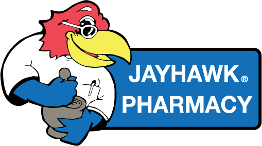  Logo for Jayhawk Pharmacy of Lawrence, Kansas with a cartoon bird on it