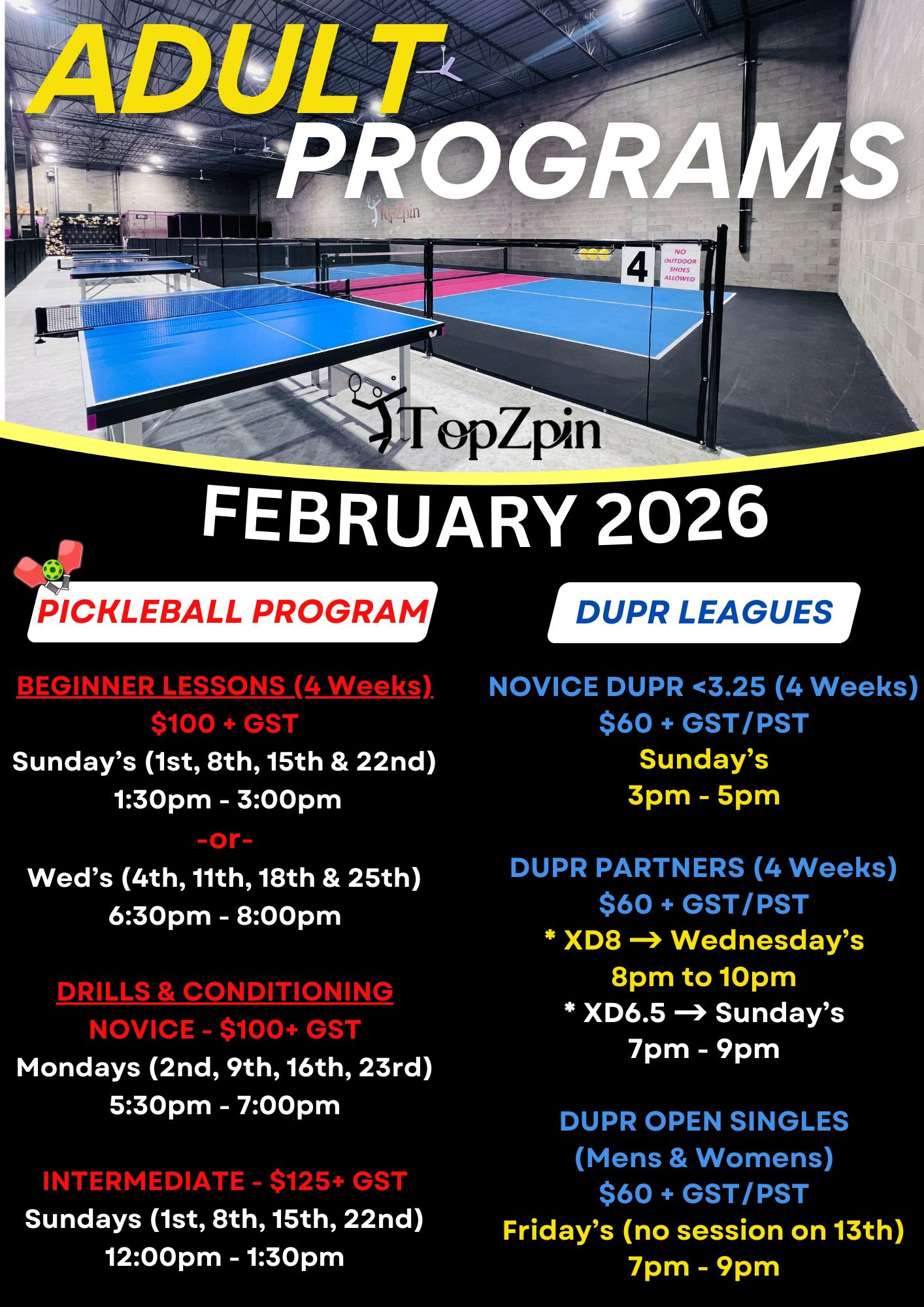 Flyer for adult pickleball programs in January 2026. Includes Beginner, Novice, and Intermediate classes with pricing.