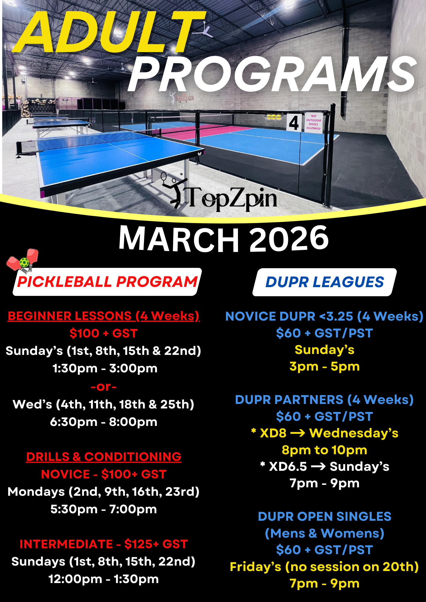 Flyer for adult pickleball programs in January 2026. Includes Beginner, Novice, and Intermediate classes with pricing.